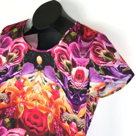 Trouve Mirrored Floral Print Hi-Lo Top Women's Medium Mesh Casual Summer Vibrant - Picture 4 of 12